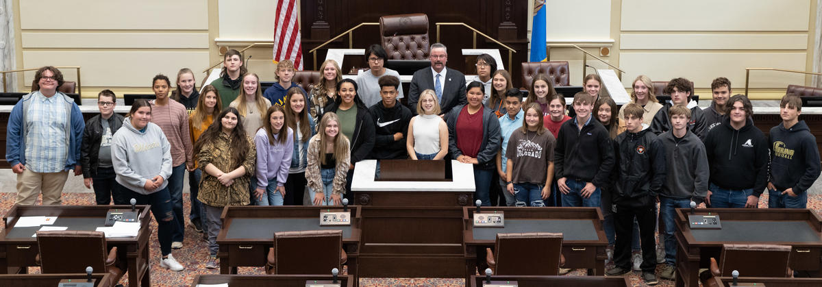 Sen. Casey Murdock, R-Felt, with the freshmen class from Seiling High School.  The students traveled to the state Capitol on Oct. 17.