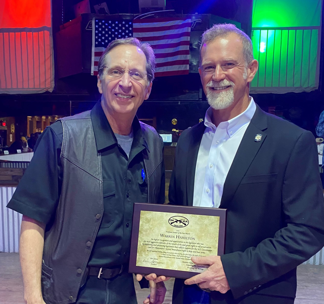 Sen. Warren Hamilton, R-McCurtain, was presented with the Freshman Senator of the Year Award on Friday, Dec. 10, by OK2A President, Don Spencer, for authoring the Second Amendment Sanctuary State Act and supporting other legislation to protect Oklahomans’ right to keep and bear arms. 