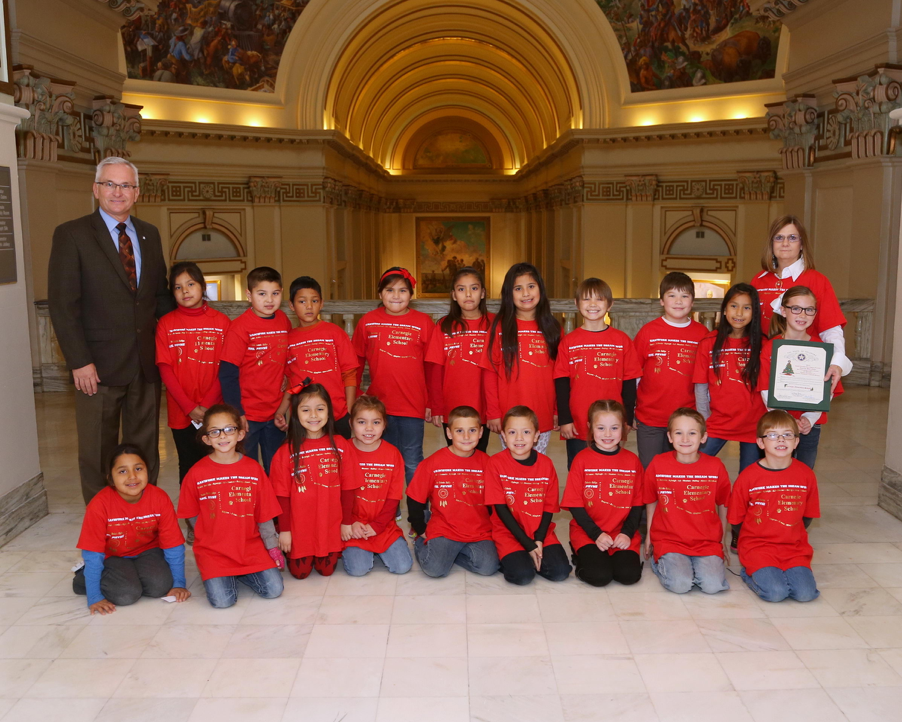Sen. Darcy Jech, R-Kingfisher, welcomes Carnegie Elementary second graders and their teacher, Stephanie Payne, to the State Capitol in conjunction with the Christmas Tree Lighting ceremony hosted by Gov. Mary Fallin and State Superintendent of Public Instruction Joy Hofmeister on November 30.