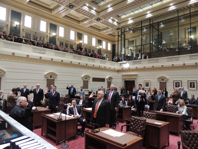Chief Justice Elect Reif administers oath of office in Senate Chamber.  Senators take oath of office