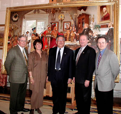 Robert and Roxana Lorton, Osage Chief Charles Tillman, State Senator Charles Ford and artist Mike Wimmer with the painting of the Osage Treaty of 1825.