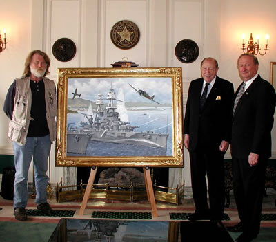 OKC Artist R. T. Foster, Admiral William J. Crowe, Jr., and Senator Charles Ford with the painting of the attack of the Battleship Oklahoma at Pearl Harbor.