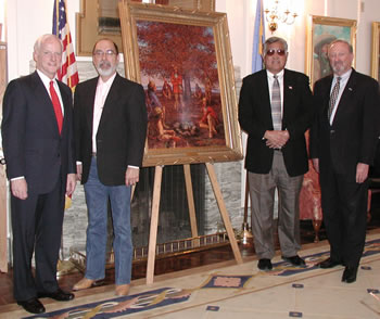 Gov. Frank Keating, Artist Mike Larsen, Creek Nation Chief Perry Beaver and Sen. Charles Ford with the painting of the Creek Council Oak Tree