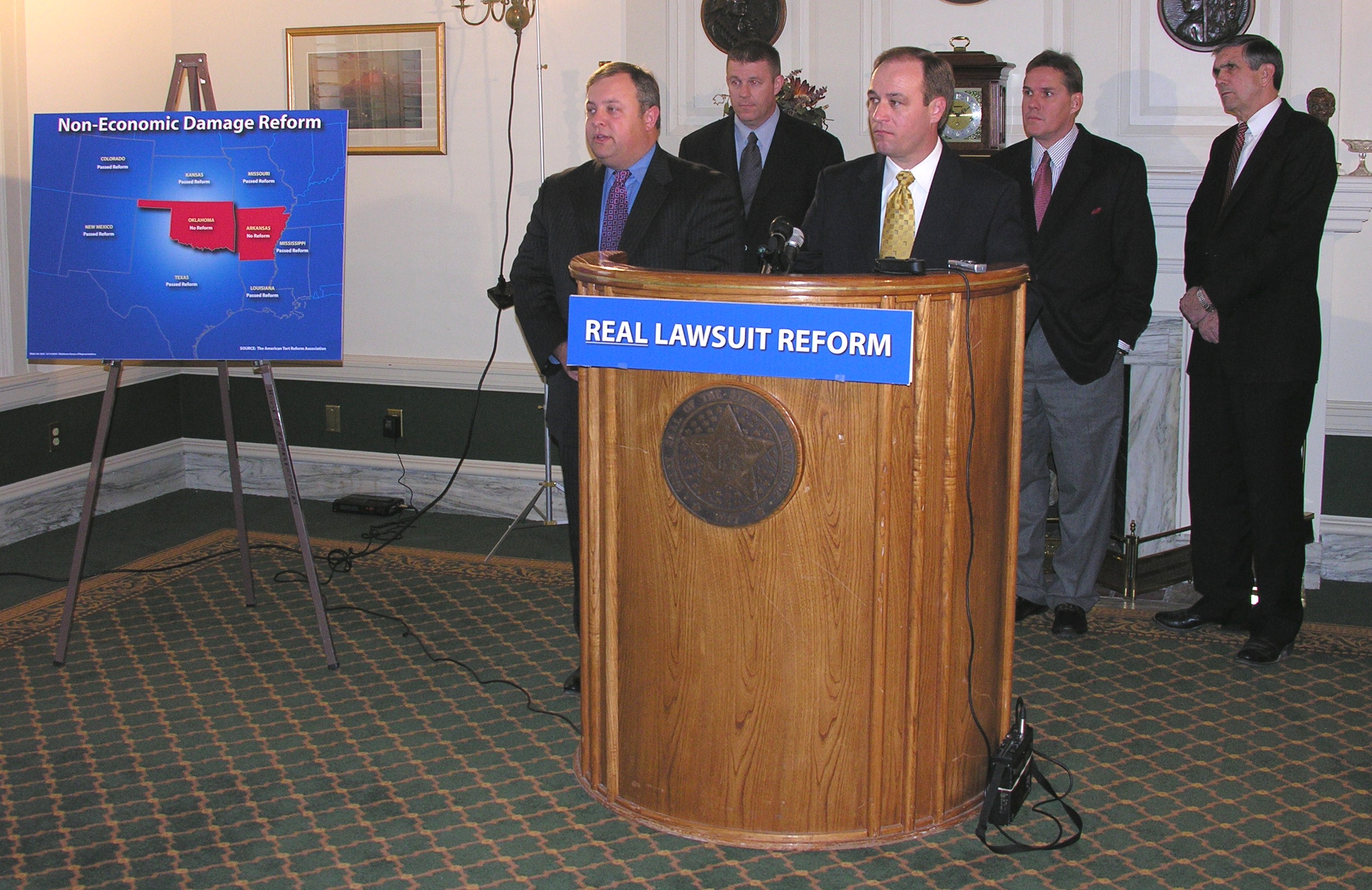 Senator Glenn Coffee and Rep. Todd Hiett along with Rep. Kevin Calvey, Senators Cliff Branan and Ron Justice take questions from the press after the announcement of their 2006 lawsuit reform agenda.