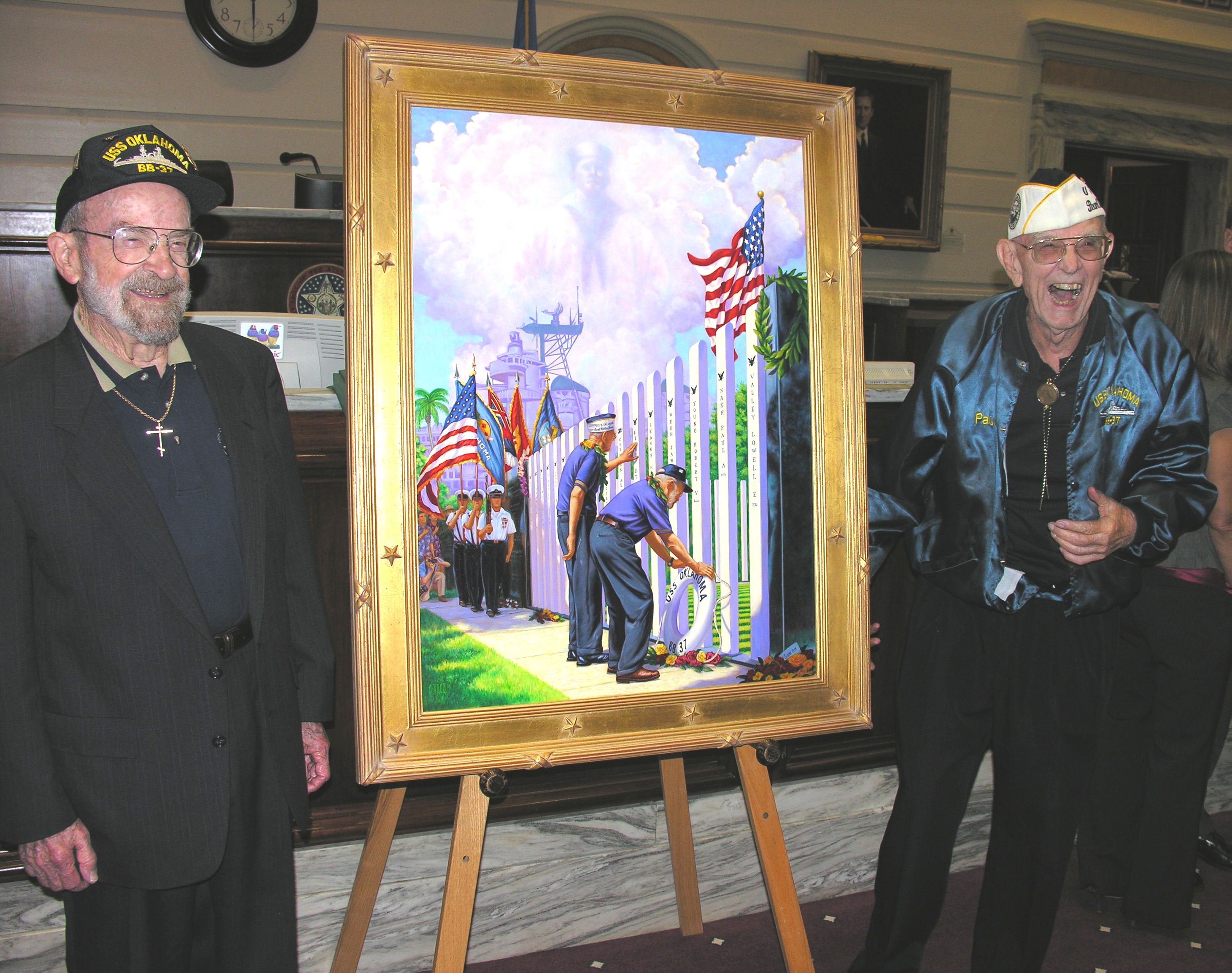 USS Oklahoma survivors Ed Vezey and Paul Goodyear with painting of the 2007 dedication.