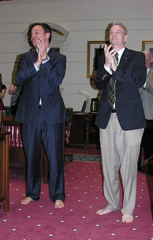 Senators Andrew Rice and Steve Russell show their support of the One Day Without Shoes campaign.