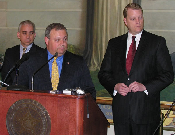 Senate Pro Tem Glenn Coffee, House Speaker Chris Benge and Rep. Dan Sullivan answer questions about lawsuit reform agreement at a Capitol press conference Monday.