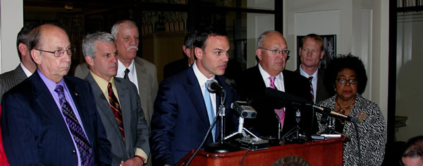 Senate Minority Leader Andrew Rice and Senate Democrats address the budget agreement at the State Capitol on Wednesday.