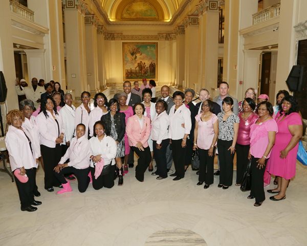 Members of Soulful Survivors and the many other organizations and businesses who participated in the 5th Annual Breast Cancer Awareness Day at the state Capitol pose with former state and event chair Sen. Judy Eason-McIntire, Sen. Jabar Shumate, Sen. Con
