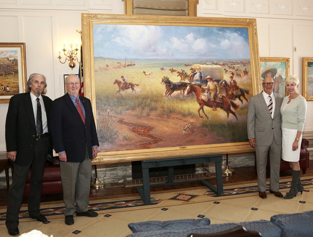 (Pictured L-R) Artist Wayne Cooper and State Senate Historical Preservation Fund president Charles Ford pose with “Land Run of 1889” painting sponsors Brad and Valerie Naifeh.   