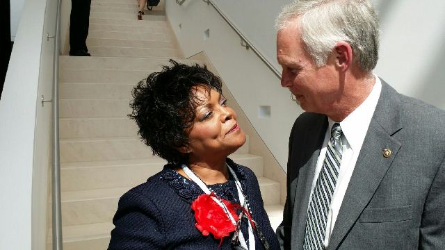 Oklahoma State Senator Connie Johnson visits with US Senator Ron Johnson (R-WI) during the No Labels National Strategic Agenda session in Washington, D.C.