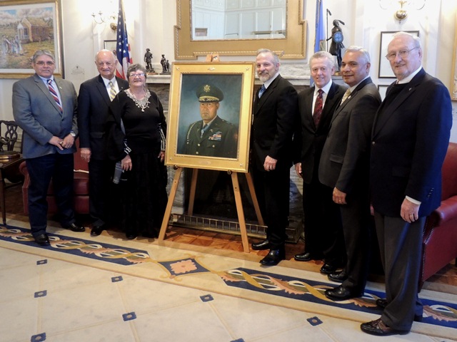 The Senate dedicated a portrait Wednesday of Lt. Col. Ernest Childers, the only Native American Guardsman to earn the Medal of Honor.  Pictured L-R: Muscogee (Creek) Nation Second Chief Louis Hicks; Dr. Clarence Oliver; Childers’ daughter, Elaine Child