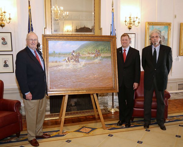 Fomer state Senator and President of the Senate Historical Preservation Fund poses with sponsor Dan Newberry and artist Wayne Cooper.
