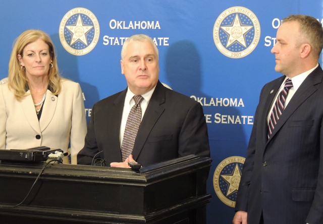 Senate Pres. Pro Tempore Mike Schulz, R-Altus, (center), Senate Appropriations Chair Kim David, R-Wagoner, and Senate Majority Leader Greg Treat, R-Oklahoma City, spoke with reporters following Monday’s State of the State Address.