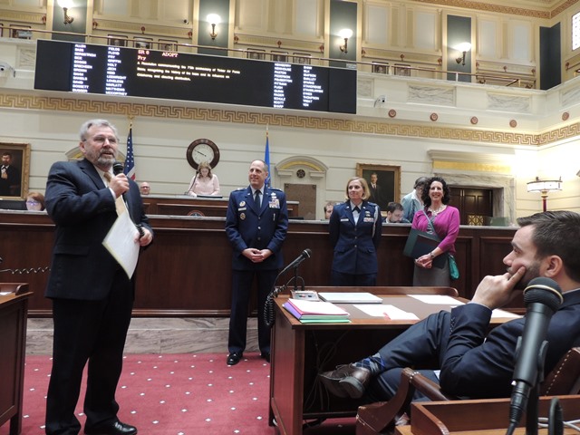 Cutline:  Senator Jack Fry, R-Midwest City (far left) introduces Lt. Gen. Lee K. Levy, Capt. Tyner Apt (right) and legislative liaison Mindy Banz (far right) following the reading of a Senate Resolution Thursday morning commemorating the 75th anniversary