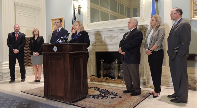 Gov. Mary Fallin and legislative leaders discuss revenue agreement at Capitol press conference Tuesday afternoon.