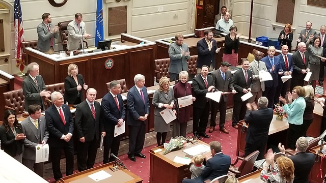 Twenty-four newly elected and returning members of the State Senate were sworn into office during a ceremony at the Capitol on Wednesday.