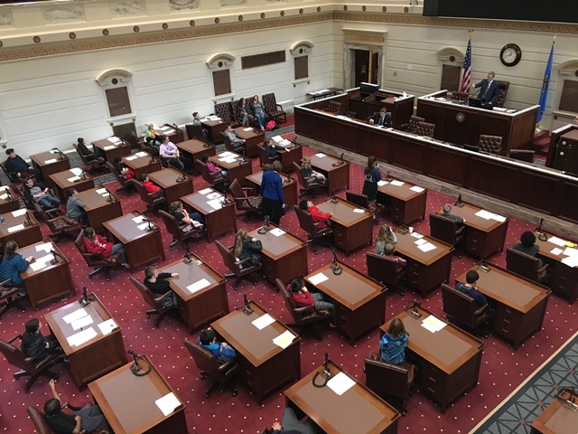 Students from Norman’s Jefferson Elementary School debate and vote on mock legislation as part of Sen. Rob Standridge’s “Senator or a Day” program.
